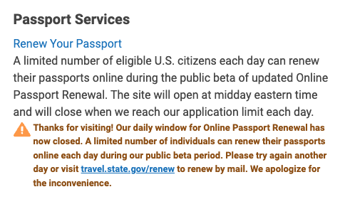 Renew Your US Passport Link with warning showing that it is limited and closed.